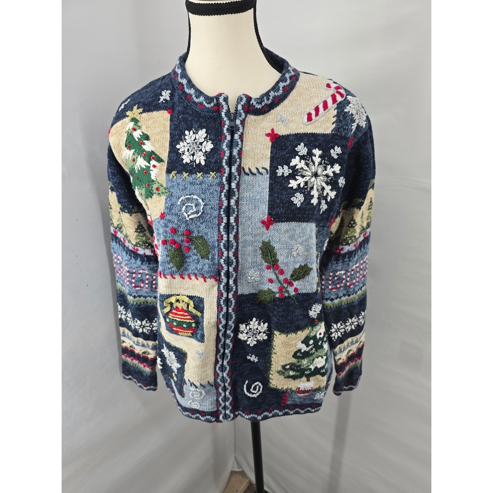 Heirloom Collectibles Christmas Cardigan Sweater Large Navy Patchwork Zip Up